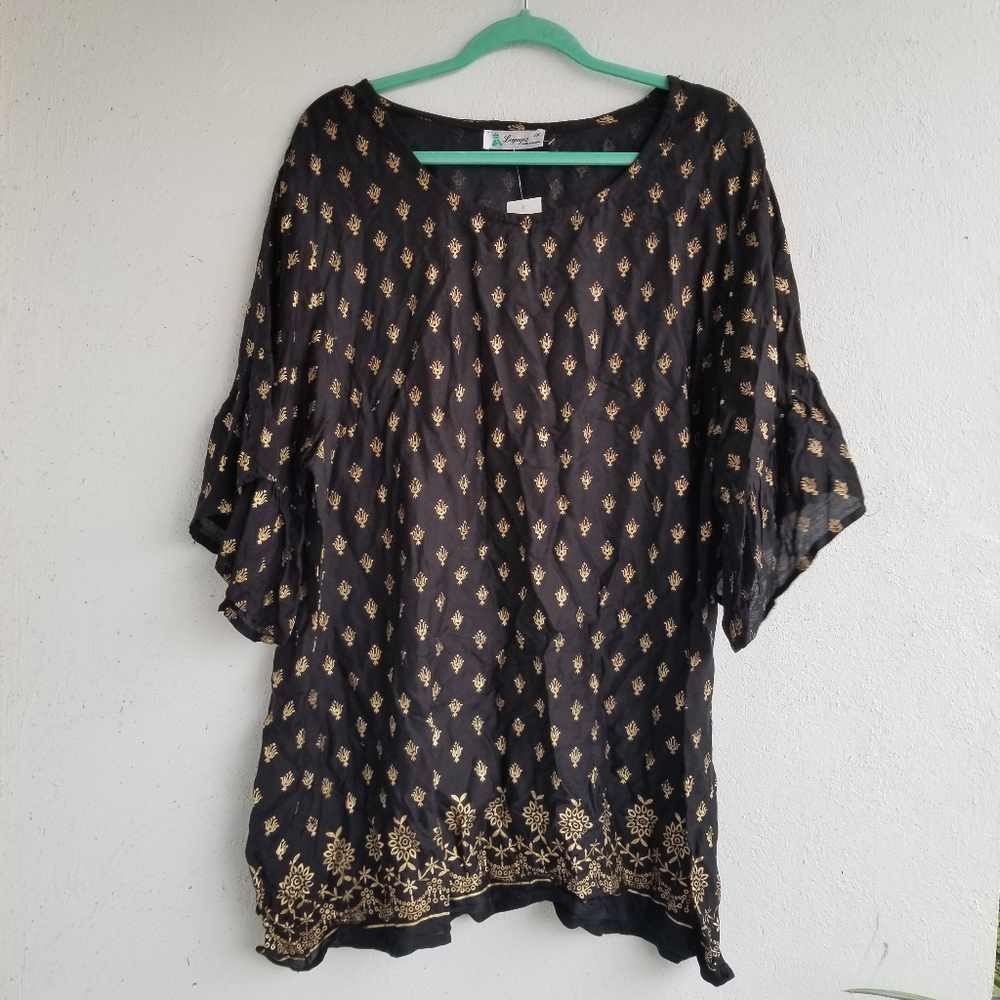 Black gold ornate tunic blouse 3X